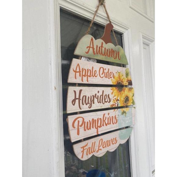 Hayrides Apple Cider Autumn Fall Leaves Pumpkin Sunflower Sentiment Hanging Sign - Picture 3 of 3